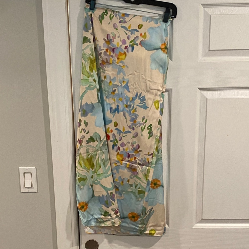 Floral Watercolor Midi Skirt in Light Blue and Cream